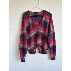 Express Women's Pink Red Blue Striped Knit Pullover Sweater V Neck Dolman Sleeve